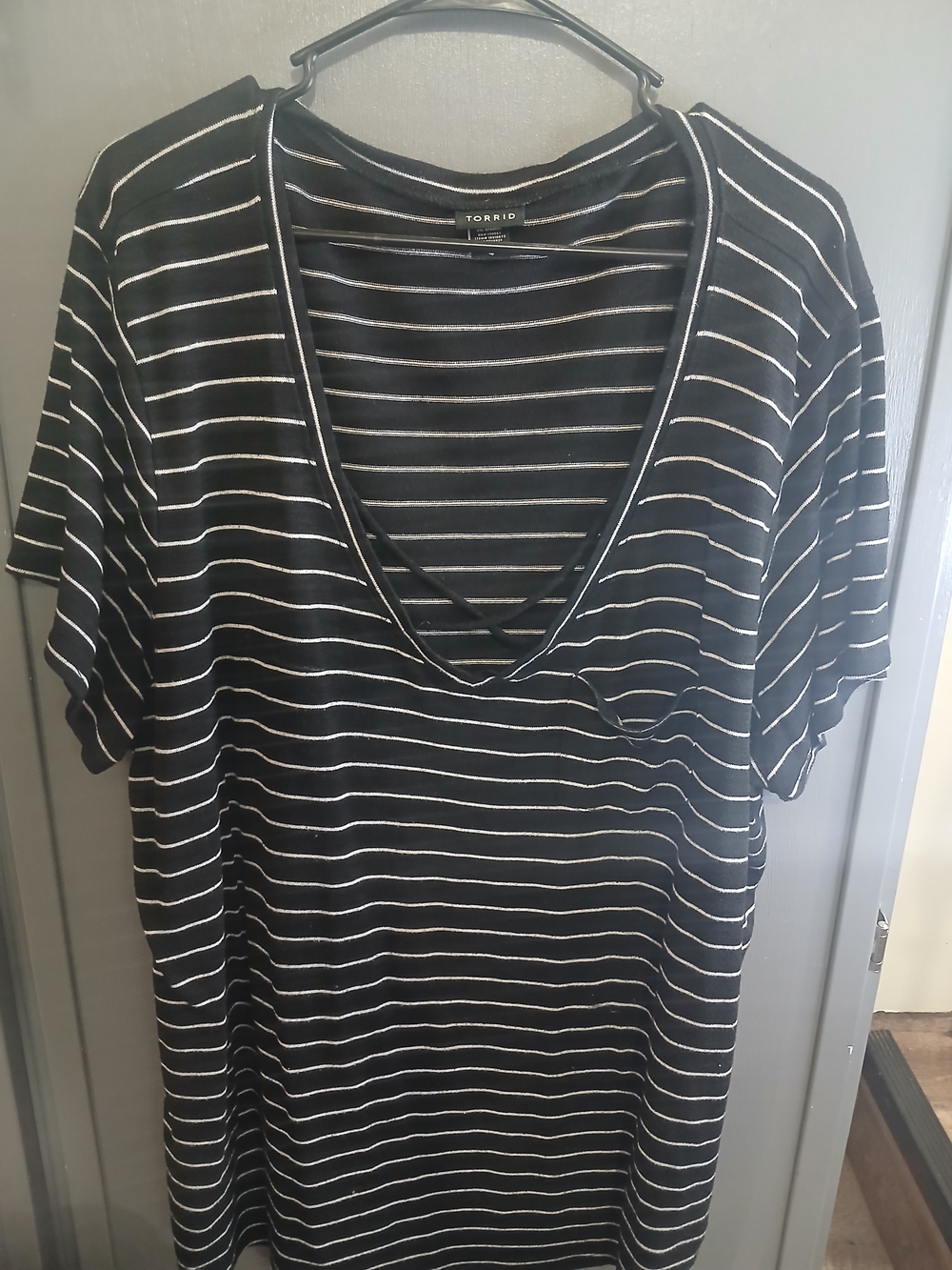 torrid Black and White Striped V-Neck Tee with Crisscross Detail